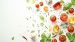 Top view of various fresh vegetables and spices on white background. Healthy eating concept.