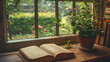 An open book is placed on a wooden table next to a beautiful garden view as a background with a relaxed ambience. Background for relaxation, vacation and rest time.