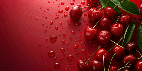  Fresh and Ripe Cherries Splashing Water on a Red background