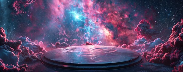 Wall Mural - a round podium on the floor of an empty room, cosmic background with galaxies and nebulae, purple bl