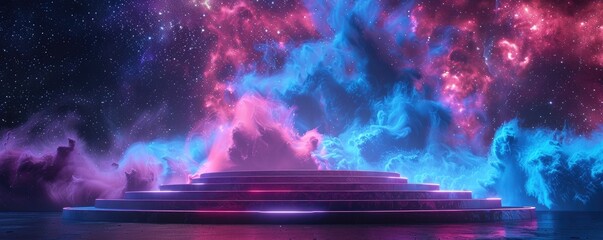 Wall Mural - a round podium on the floor of an empty room, cosmic background with galaxies and nebulae, purple bl