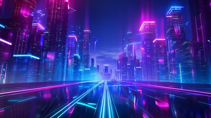 Wall Mural - bottom-up view of a futuristic neon cityscape at night, characterized by retro wave and cyberpunk el