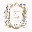blue brown floral wedding crest watercolor