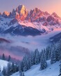 a snowy mountain range with trees and clouds