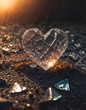 Glowing, shattered glass heart amidst broken pieces on the ground, illuminated by a ray of light