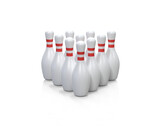 Group of bowling pins. Skittles with red stripes. Bowling pins in pyramid formation isolated