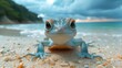    a frog near the coastline, surrounded by blue water and white clouds above