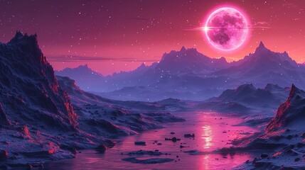 Wall Mural - A scene from an alien world including mountains and a brilliant sun. Generative Ai