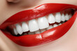 Perfect white teeth close up, female toothy veneer smile, red lips, tooth whitening, dental care, stomatology and dentistry