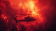   A helicopter flying in the sky against a fiery and smoky background