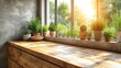   Window sills, filled with potted plants and bathed in sunlight
