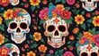 Painted Colorful Cinco De Mayo Skulls With Traditional Flowers.