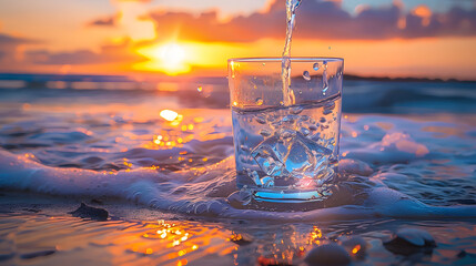 Wall Mural - Organic pure fresh natural water. Healthy refreshing drink. A glass of pouring crystal mineral drinking aqua water on blurred nature beach sea ocean sunset sunrise landscape background