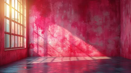 Wall Mural -   A red-walled room illuminated by a bright light streaming through the window and onto the floor