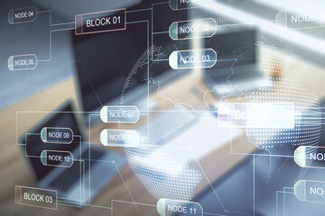 Wall Mural - multi exposure of abstract software development hologram with world map and modern desktop with lapt