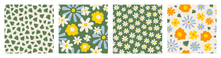 Wall Mural - Set seamless patterns with cute groovy daisy flowers. Pastel colors. Trendy abstract print for wrapping paper, wallpaper, cover, fabric design. Vector illustration