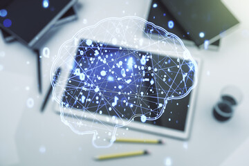 Wall Mural - Double exposure of creative human brain microcircuit and modern digital tablet on background. Future technology and AI concept