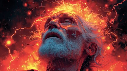   A close-up portrait of an individual with facial hair and spectacles amidst a fiery sky background adorned with lightning bolts