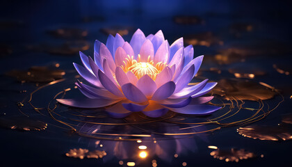 Sticker - Glowing lotus in the water at night in neon color ,spring concept