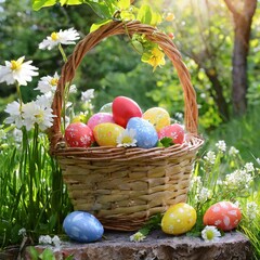 Garden Egg Hunt: Basket Filled with Colorful Easter Eggs in Outdoor Setting