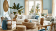 © Roberto - A coastal living room escape with calming blue tones, woven furniture, and natural elements evoking a beachside retreat.