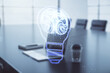 Creative light bulb with human brain hologram on modern laptop background, artificial Intelligence and neural networks concept. Multiexposure