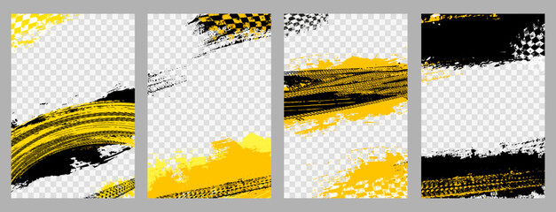 Wall Mural - Four grungy background frames with abstract tire tracks and chess flags