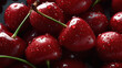 close-up of cherries with droplets of water on them, highlighting the freshness and detail of the fruit