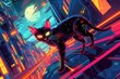 Cybernetic cat in superhero landing, vector illustration, neon-lit urban setting, front low-angle view, dusk scene.
