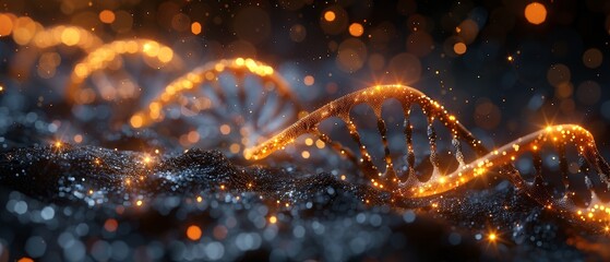 Aufkleber - This low poly illustration of DNA has a golden dust effect. Sparkling  with gold particles on a dark background. Polygonal wireframe science illustration.