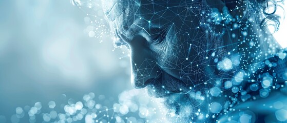 Fototapete - A businessman using a tablet computer isolated on a white background. Digital adult using a tablet PC. Low poly wireframe business concept. Polygons, particles, lines, and connected dots.