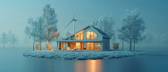 Poster - Modern 3d graphic concept of an abstract one storey country house with wind turbines. Green energy concept. Geometric background. Wireframe light structure. Low poly style.  illustration.
