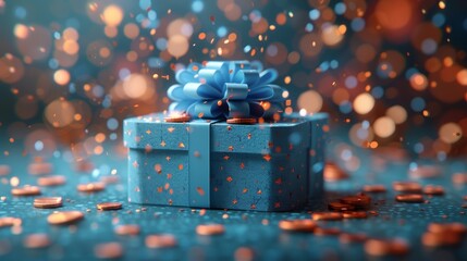 Leinwandbilder - The abstract blue coins are flying out of the open gift box. Money prize. Low poly style design. Geometric background. Wireframe light connection structure. Modern 3D graphic concept. Isolated