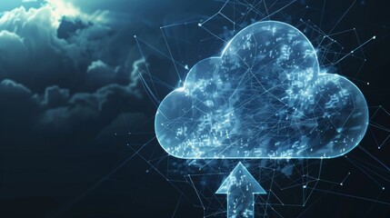 Fototapete - Incorporating clouds into the digital world. Polygonal cloud storage sign with arrows up and down on dark blue background. Cloud computing, big data centers, digital AI concept.