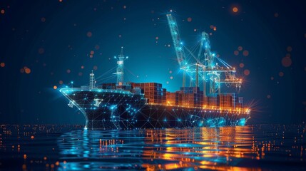 Aufkleber - Template for a low poly wireframe banner of a trade port. A digital  cargo ship, container, crane and warehouse in dark blue. Container ships, logistics, business, worldwide shipping concept.