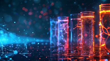 Leinwandbilder - Several test tubes isolated on a dark background of low-poly wireframes. Science  polygon image of stars in a starry sky.