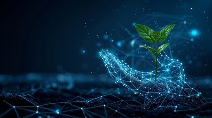 Aufkleber - Giving hand with young plant in soil. Low poly style design. Blue geometric background. Wireframe light connection structure. Modern 3D graphic concept. Isolated  illustration.
