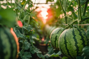 Wall Mural - Growing watermelon harvest and producing vegetables cultivation. Concept of small eco green business organic farming gardening and healthy food