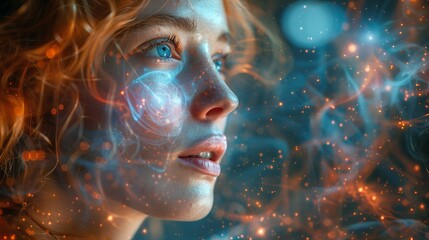 Fototapete - An advertising banner or banner image of a woman looking at a hologram. Wide angle visual for banners or advertisements.