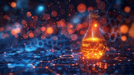 Leinwandbilder - The abstract modern illustration with 3D effect of the polygonal lab tube on a technology blue background with chemical formula is a perfect representation of a science chemistry concept.