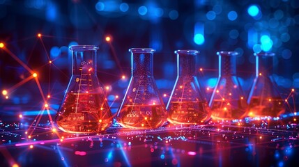 Leinwandbilder - Scientific concept. Medical lab test tubes with metal tubes on a technology background. Polygonal wireframe style. Modern illustration.