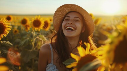 Wall Mural - A vibrant young woman laughing joyfully amidst a field of sunflowers