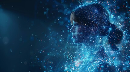 Fototapete - Abstract isolated human body on blue background. Polygonal top of man's body with polygons, particles, lines, and connected dots. Medicine and healthy lifestyle digital concept. Low poly wireframe.