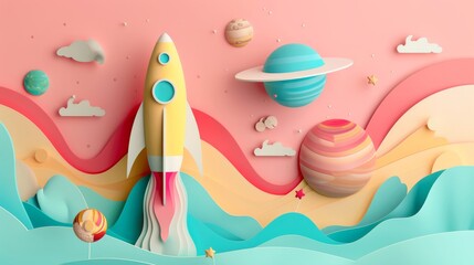Poster - A paper rocket and a solar system on a pastel toned background
