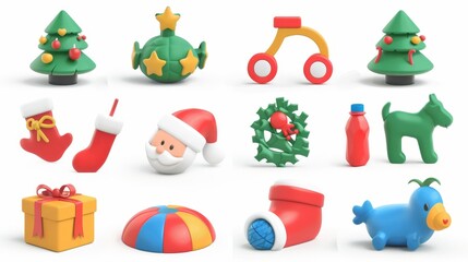 Sticker - The Christmas icons set featuring Santa Claus, holly, gift boxes, bottles, socks, snowflakes, Christmas trees, and Santa hats. The icons are modern objects in 3D.