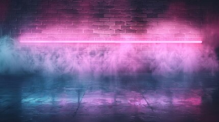 Poster - There are neon lights shining on neon bricks with smoke. There are neon reflections on wet asphalt. The scene is empty with no copy space.