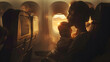 Cinematic photograph of a mother holding baby at a plane seat . Mother's Day.