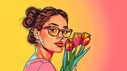 Wall Mural - A young woman in glasses holds a bouquet of tulips in her hands, solid color background, portrayed in vibrant pop art colors