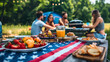 © Roberto - A relaxed Labor Day picnic setting with an American flag tablecloth, people enjoying food and company.