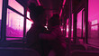 Cinematic photograph of a mother holding baby at a bus . Mother's Day. Pink and purple color palette.